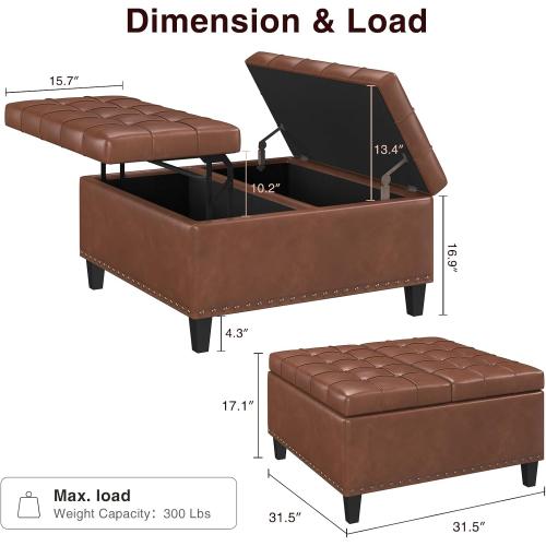 Color brown Square Leather Ottoman with Storage, Faux Leather Coffee Table with Lift Top,Large Upholstered Footrest Stool Toy Box Storage Bench for Bedroom Living Room, Brown