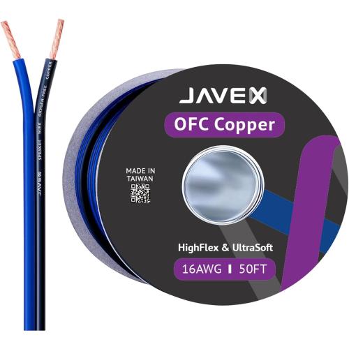 JAVEX 14 AWG Audio Speaker Wire Cable (100 FT), [OFC Oxygen-Free Copper] Thin Flat Cable for Automotive Car Stereo Audio, HI-FI Stereo, Home Theater, Blue/Black