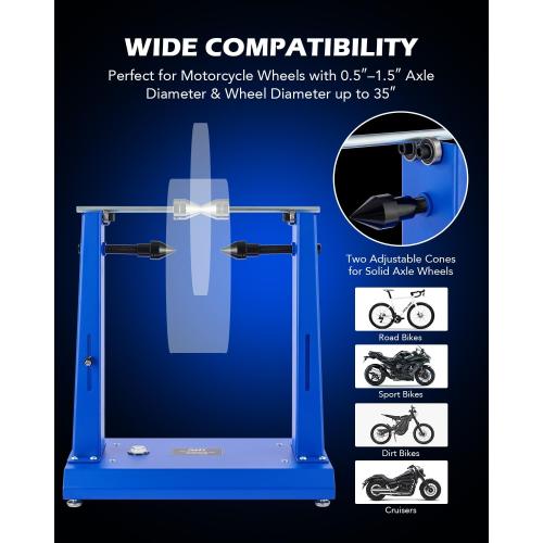 Color Blue Orion Motor Tech Motorcycle Wheel Balancer & Truing Stand, Tire Balancer Stand for Motorcycle Wheel with Adjustable Truing Pointer, Heavy Duty Bicycle Wheel Truing Stand for Sport Dirt Bike