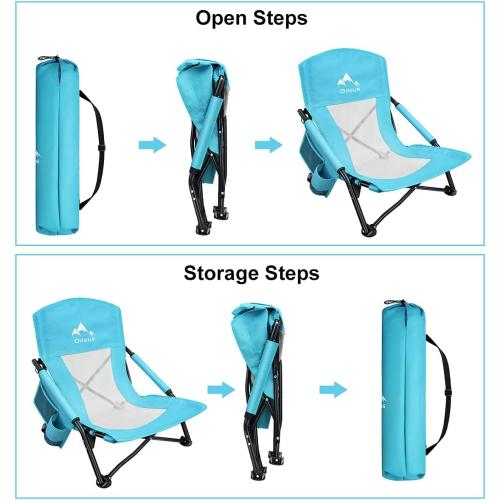 Oileus Low Beach Chair for Beach Tent/Shelter/Camping/Outdoor Ultralight Backpacking Folding Recliner Chairs with Cup Holder/Storage Bag, Carry Bag, Breeze Mesh Back, Compact Duty 2 Pcs