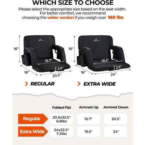 Sportneer Stadium Seats with Back Support: 2.5'' Thick Comfy Cushion 6 Adjustable Angle Bleacher Seat with Armrest - 2 Large Pockets, 2 Cup Holders Stadium Chair for Sport Events Concerts Parks