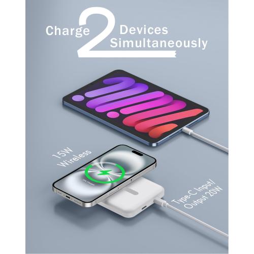 podoru for Magsafe Battery Pack, 5000mAh Magnetic Power Bank with Type-C Cable 20W PD Fast Charging Lighting Input Wireless Portable Charger for iPhone 17/16/15/14/13/12/ All Series-Snow White