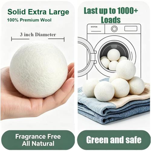 KINTOR Wool Dryer Balls XL 6-Pack, Reusable Natural Laundry Fabric Softener
