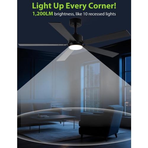 Ceiling Fans with Lights, 52 Inch Modern Ceiling Fan with Remote Outdoor Ceiling Fan for Bedroom, Living Room,High CFM Ceiling Fans with 3CCT LED Lights Kit, Quiet DC Motor, Timer