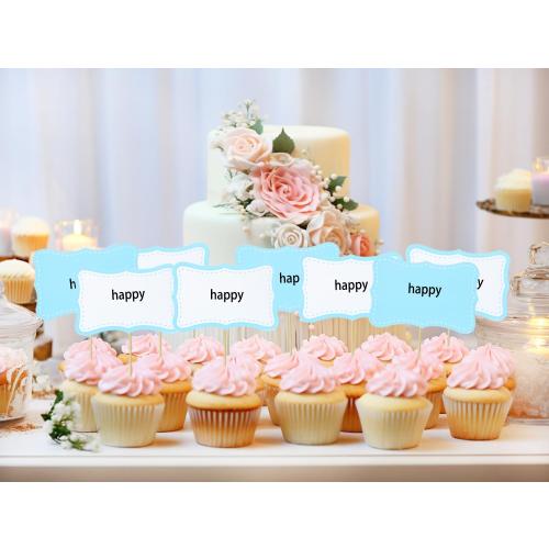 ONLYKXY 20pcs Blank Cake Cupcake Toppers Decor Toothpick Flag Cute Food Appetizer Funny Stick Picks DIY Marker Tag Sign for Theme Party Bride Shower Birthday Wedding (Blue & White)