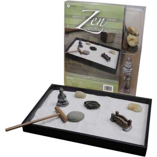 Nature's Mark Mini Zen Garden Kit for Desk with Rake, White Sand, Buddha Figure, Bridge Figure and River Rocks, Black Rectangle Base