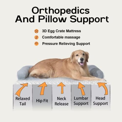 GREY Large Dog Bed Orthopedic Washable, Big Large XXXLarge Dogs, Orthopedic Grey Extra Dog Bed with Waterproof Cover and Removable Egg Foam, Couch Bed Bolster
