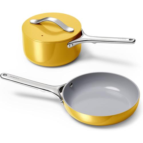 Caraway Mini Cookware Set - Non-Stick Ceramic Fry Pan (1.05 qt, 8) & Sauce Pan (1.75 qt) - Non Toxic, PTFE & PFOA Free - Oven Safe & Stovetop Agnostic (Gas, Electric & Induction) - Marigold