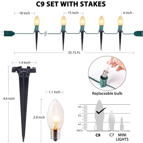 12 PCS- Christmas Pathway String Lights Outdoor - 25.7 Ft. C9 20 Clear Lights with 20 Stakes Connectable Waterproof for Indoor Xmas Party Holiday Commercial Decoration, Warm White