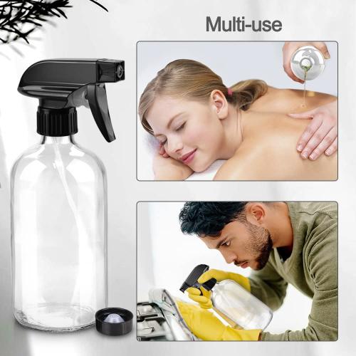 Glass Spray Bottles, 16oz Refillable Containers, Empty Boston Round Bottles with Labels & Adjustable Nozzle for Cleaning, Gardening, Aromatherapy, Pets, Plant, Hair -Clear (1 Pack)