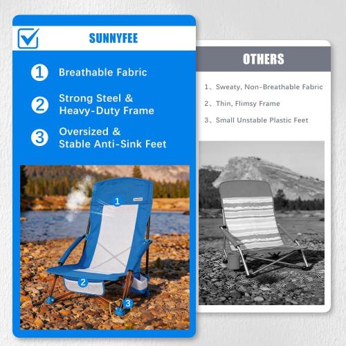 SUNNYFEEL Folding Beach Chair, High Back Beach Chairs for Adults, Lightweight Portable Camp Chair 300lbs Heavy Duty with Carry Bag, Cup Holder for Outdoor Travel Picnic Concert, 2 Pack, Blue