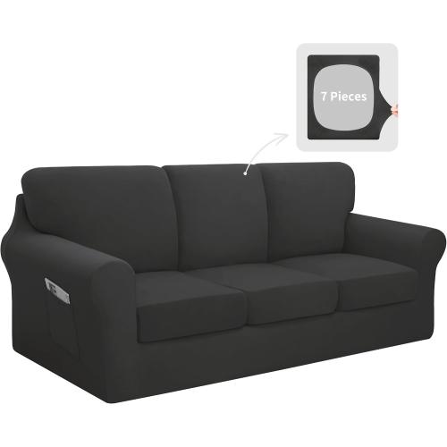 Easy-Going 7 Pieces Stretch Sofa Couch Cover, Large, Dark Grey | Washable Sofa Cover Set for 3 Backrest and Seat Cushion Couch Anti-Slip Sofa Slipcover Furniture Protector
