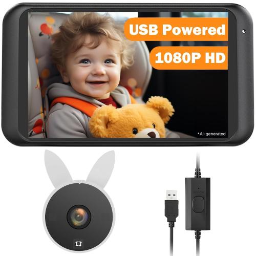 Babyvue USB Baby Car Camera, Backseat Monitor Car Seat Mirror | 1080P HD Easy Install, Auto IR Night Vision, 360° Rotating for Rear-Facing Kids Infant & New Parents(White)