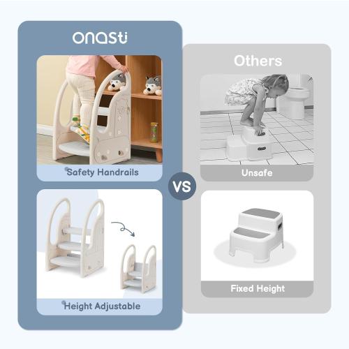 Size 3 step Color Grey Toddler 3 Step Stool Onasti Kids Standing Tower for Toddlers Plastic Learning Helper Stool for Kitchen Counter Bathroom Sink Toilet Potty Training with Handles and Non-Slip Pads-Grey White