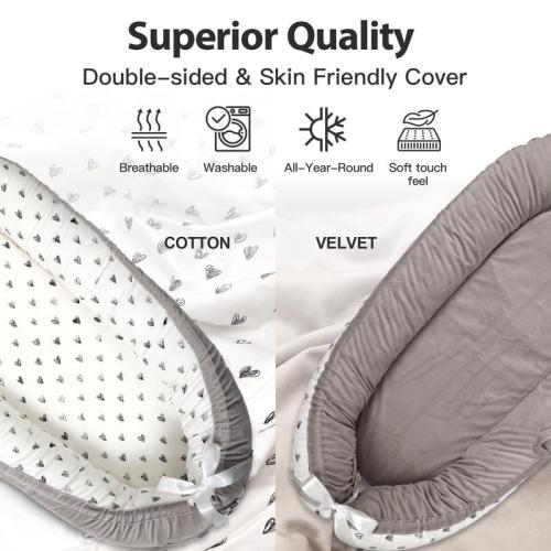 White, Black hearts, Grey Organic Cotton Baby Lounger – Reversible, Portable, Soft & Breathable with Washable Cover | Perfect for Awake-Time Use Only-Black Heart