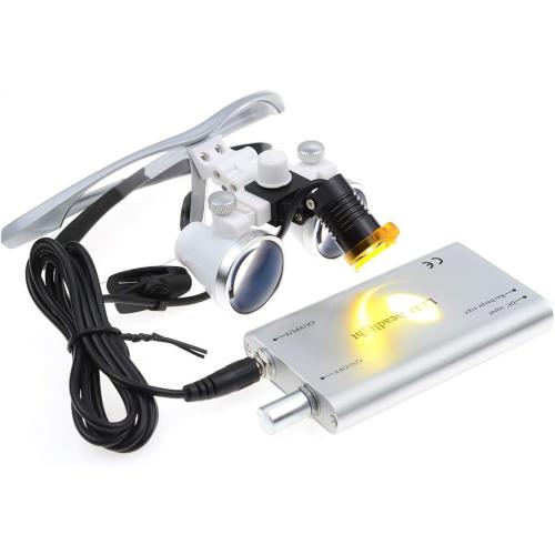 EustomA 2.5X Binocular Loupes Optical Glasses  3W LED Headlight Lamp with Filter   Aluminum Box Silver