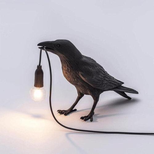 Gothic Raven Table Lamp with E14 Base - Lifelike Crow Bird Desk Light for Bedroom, Bedside & Home Decor - Animal Styling Resin Gothic Lamp (Black)