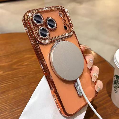 QSIETSPY Magnetic Case for iPhone 17 Pro Max 6.9[Compatible with MagSafe] with Sparkle Diamond Camera Protection Shockproof Clear Cute Glitter Bling Phone Case for iPhone 17 ProMax,Orange