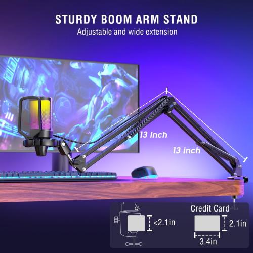 FIFINE Gaming PC USB Microphone, Podcast Condenser Mic with Boom Arm, Pop Filter, Mute Button for Streaming, Twitch, Online Chat, RGB Computer Mic for PS4/5 PC Gamer Youtuber-AmpliGame A6T