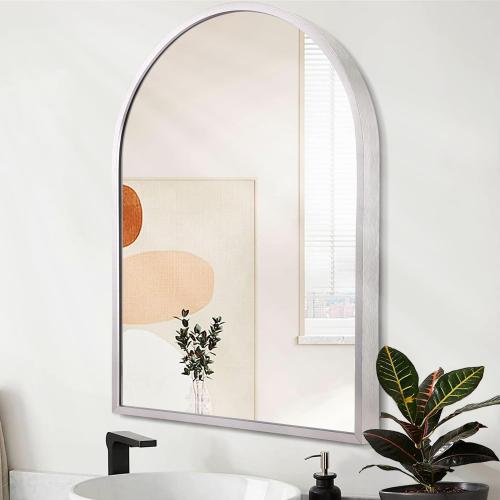 Arched Wall Mirror, Silver Arch Brushed Metal Frame Bathroom Mirror, Arched Top Bathroom Vanity Mirrors for Living Room Bedroom Mantel Entryway Hallways Home Decor Aluminum Alloy Frame
