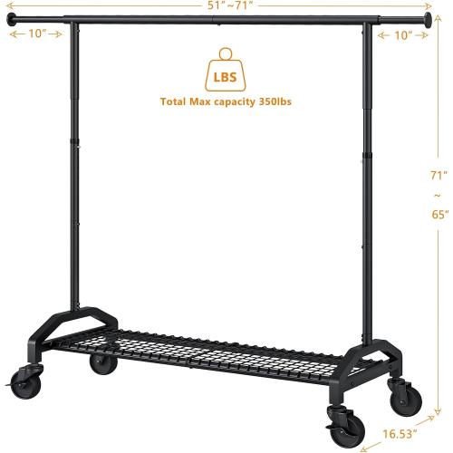 Wiracks Heavy Duty Clothes Rack for Hanging Clothes 350lbs Clothing Rack 3 industrial Wheels 51 to 71 W x 16.53 D x 65 to 71 H Adjustable Rolling Clothes Rack Coat Rack Garment Rack Black