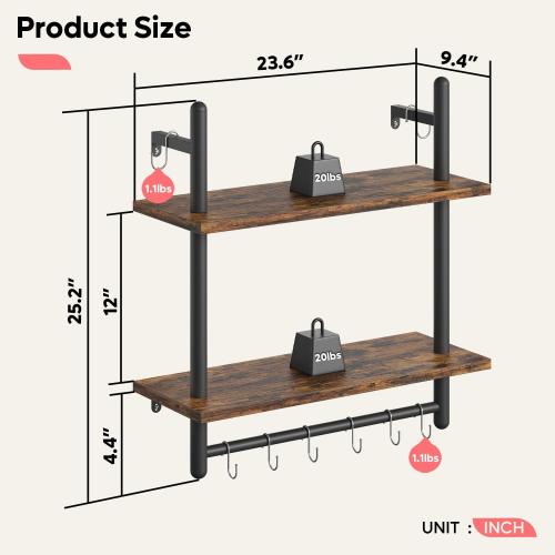 Bestier 24 Floating Kitchen Shelves Wall Mounted 2 Tier Coffee bar Shelves with 8 Hooks, Industrial Wall Shelf for Kitchen, Living Room Bedroom, Rustic Brown