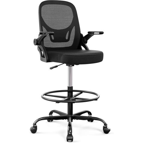Alolo 450lbs Drafting Chair Tall Office Chair for Standing Desk with Flip-up Armrests,Ergonomic High Desk Chair with Lumbar Support and Adjustable Footrest Ring for Office,Black