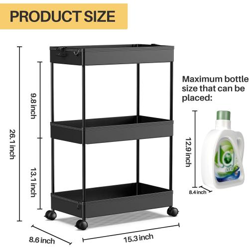 SPACEKEEPER Rolling Storage Cart 3 Tier Bathroom Cart Organizers with Wheels Laundry Room Organization Mobile Shelving Unit Utility Cart Storage Shelves Multi-Functional for Office, Home, Black