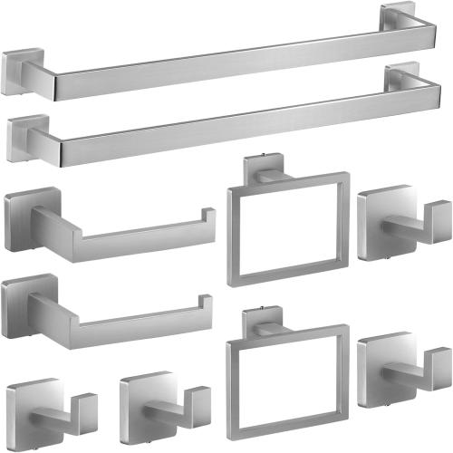 Square Bathroom Hardware Set, Bathroom Accessories Set10 Pieces Includs 16 inch Towel bar, Square Towel Ring, Toilet Paper Holder, Towel Hook (Brushed Nickel-10PCS-16Inch)