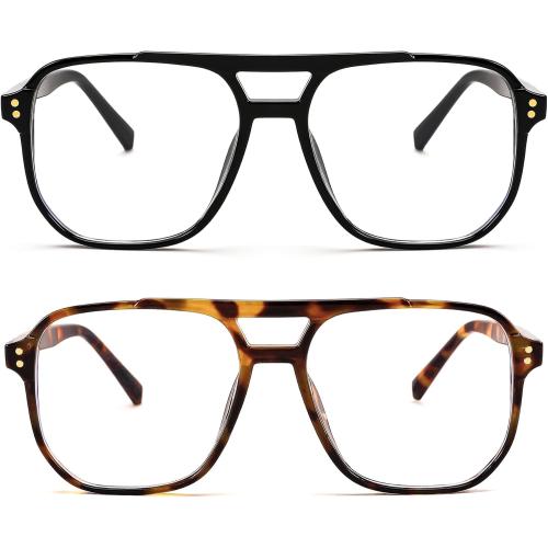 FEISEDY 2Pack Blue Light Blocking Glasses Fake Nerd Clear Square Computer Lightweight Pilot Glasses Frame Oversized B2866