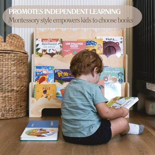 Tan CAALMA Scalloped Book Shelf – Montessori Bookshelf – Wooden 3-Tier Toddler Bookshelf, Front Facing Bookcase for Nursery, Playroom, Kids Room or Classroom