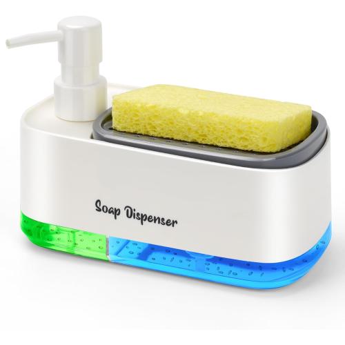 Hand and Dish Soap Dispenser Set for Kitchen, Dual Soap Dispenser with Sponge Holder, 3-in-1 Countertop Soap Pump Dispenser for Kitchen Sink, Useful Kitchen Gadgets - White