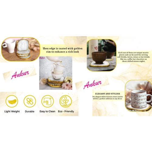 White Natural Sliced Agate Coasters Set of 4 Brazilian Natural Gemstone Coasters with Gold Rim