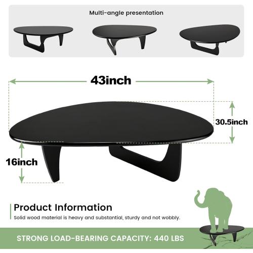 Solid Wooden Modern Triangle Coffee Table: Unique Funky Coffee Tables for Living Room, Oval Mid-Century Irregular Abstract Tea Tables for Patio Office Balcony Bedroom (Black, 43 L x 31 W x 16 H)