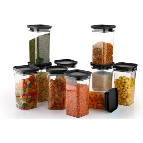 Set of 10  Unbreakable Air Tight Kitchen Storage Container for Rice | Dal | Atta, BPA-free, Flour | Cereals | Snacks | Stackable | Modular, 1100 Ml Set 10 (Black)