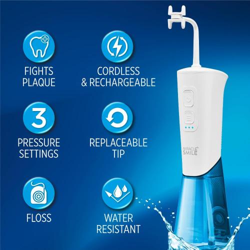 Ontel Miracle Smile Water Flosser for Teeth&Gum Health, Unique H-Shaped Flossing Head&4 Water Jets, Cordless Water Flosser Features 360° Cleaning&3 Pressure Modes, USB Rechargeable Dental Floss, White