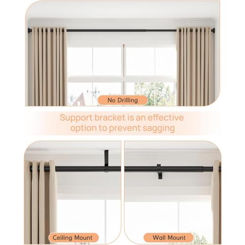 BLACK ALLZONE Tension Curtain Rods 123 to 160 Inch, Black Curtain Rods No Drilling, Extra Long Tension Rod for Room Divider Curtains Rod, Outdoor Tension Rod for Patio/Bedroom/Office,3 Installation Options