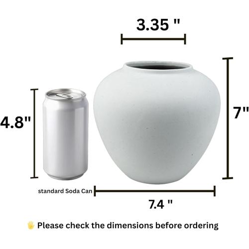 Ceramic Vase Matte White with a Rustic Texture, Flower Modern Trendy Minimalist Utensil Holder Farmhouse Round Vintage vase Bookshelf Dining Table Coffee Table Decor, Size 7 (18cm) 1 Pack