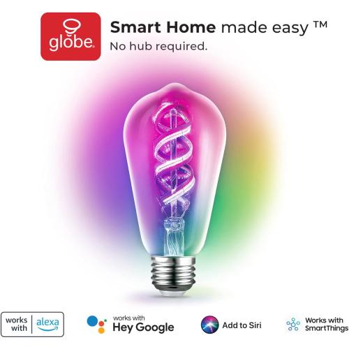GLOBE Electric 35847 Wi-Fi Smart 7W (60W Equivalent) Spiral Filament Multicolor Changing RGB Tunable White Clear LED Light Bulb, No Hub Required, Voice Activated, 2000K - 5000K, ST19 Shape, E26 Base