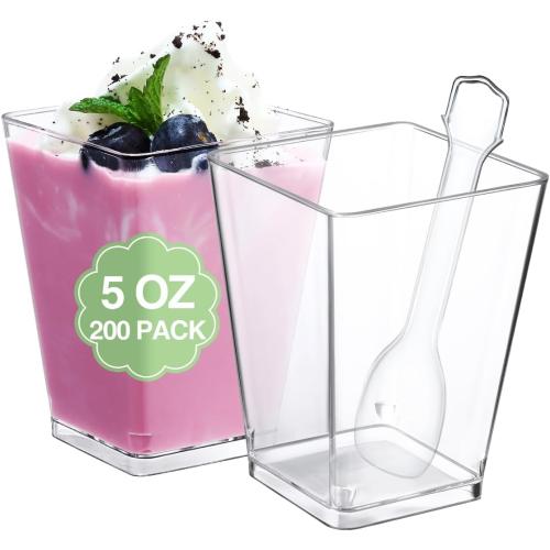 200Pack Clear SHOPDAY 5Oz-Plastic-Dessert-Cups: 200 Pack Square-Clear-Parfait-Cup-with-Spoons, Appetizer-Cup Small-Plastic-Mini-Shooter-Cups for Party Yogurt Mousse