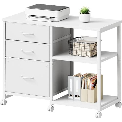 3 Drawer File Cabinet with Wheels Rolling Printer Stand with Open Storage Shelf Fabric Lateral Filing Cabinet for Home Office,White