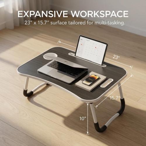 BUYIFY Foldable Lap Desk for Laptop & Writing - 23 inch Bed Tray Table with Cup Holder & Tablet Slot - Portable Notebook Stand for Eating, Sofa, Couch & WFH Students (Black)
