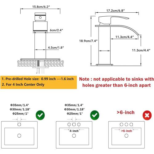 BESy Waterfall Bathroom Faucet, Single Handle Bathroom Vanity Sink Faucet, Rv Faucet Deck Plate, Stainless Steel Brushed Nickel, 1 or 3 Hole with Pop Up Drain