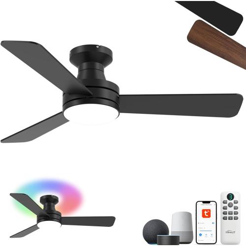 42 RGB Ceiling Fan with Light, Music Sync Smart Fan with Alexa/Google/App Control, Low Profile Flush Mount, 6-Speed Quiet DC Motor, 4 CCT Dimmable Lighting for Bedroom Living Room, Black