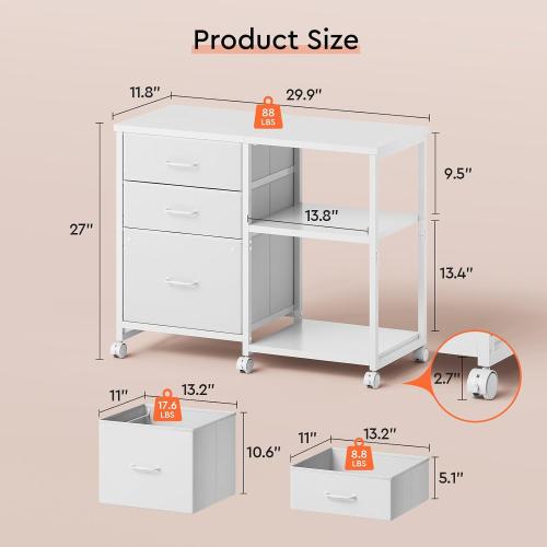 3 Drawer File Cabinet with Wheels Rolling Printer Stand with Open Storage Shelf Fabric Lateral Filing Cabinet for Home Office,White