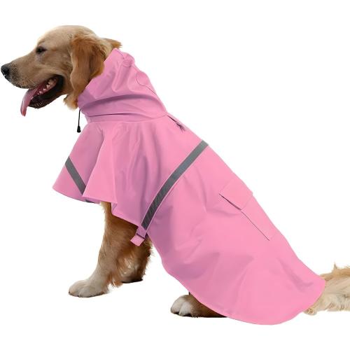 NACOCO Large Dog Raincoat Adjustable Pet Water Proof Clothes Lightweight Rain Jacket Poncho Hoodies with Strip Reflective (M, Pink)