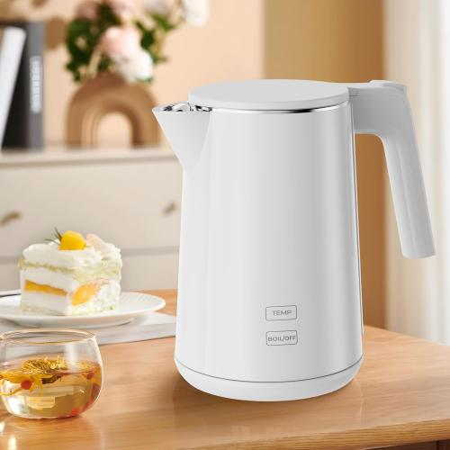 Electric Kettle Fast-Boil Stainless Steel Electric Tea Kettle, Water Boiler with Auto-Shut Off, Cool Touch PP Exterior for Home Office, White