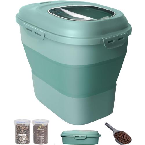 30-35 Lbs Dog Food Storage Container Collapsible Dog Food Container with Airtight Lids, Wheels, Scoop and 2pcs Food Storage Containers, Large Pet food storage for Dog, Cat (Green)