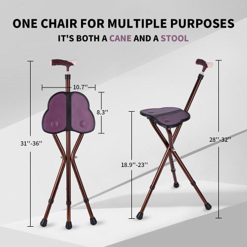 Folding Cane Seat 441 lbs Capacity Thick Aluminum Alloy Cane Stool Crutch Chair Seat Three-Legged Cane Seats Highly Adjustable Walking Stick Tall Unisex for Elderly As Gift
