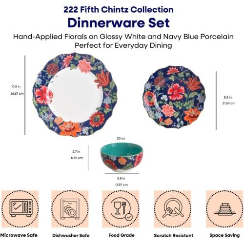 222 Fifth 12-Piece Porcelain Dinnerware Set for 4, White & Parisian Blue Plates and Bowls Set with Gold Rim, Glossy Ceramic Dish Set with Detailed Floral Design, Microwave & Dishwasher Safe, Chintz